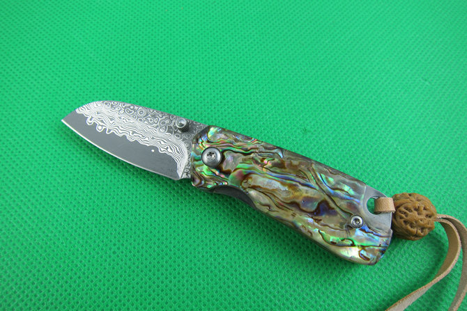 Apple Abalone handle Damascus blade folding knife UD401793